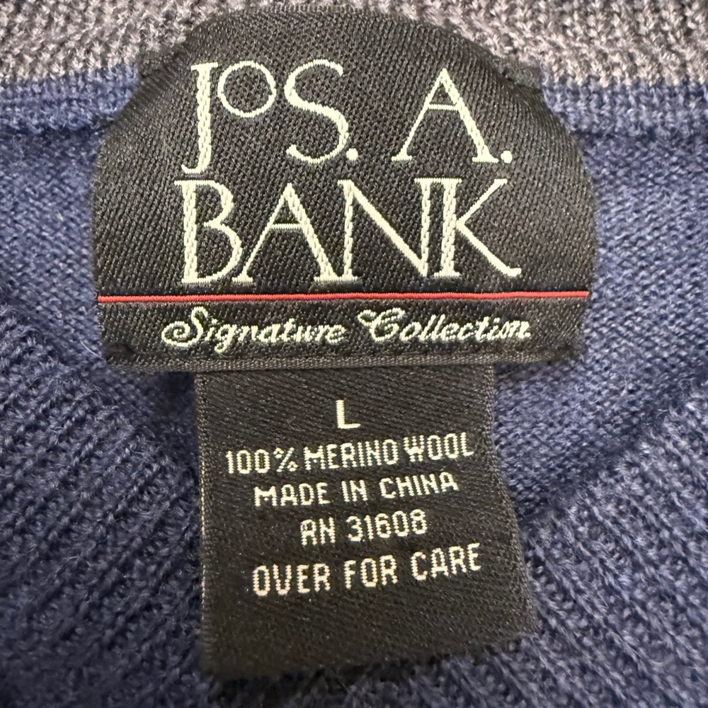 Jos A Bank Signature‎ Collection Mens Blue 100% Merino Wool V-Neck Sweater Large - Picture 2 of 5